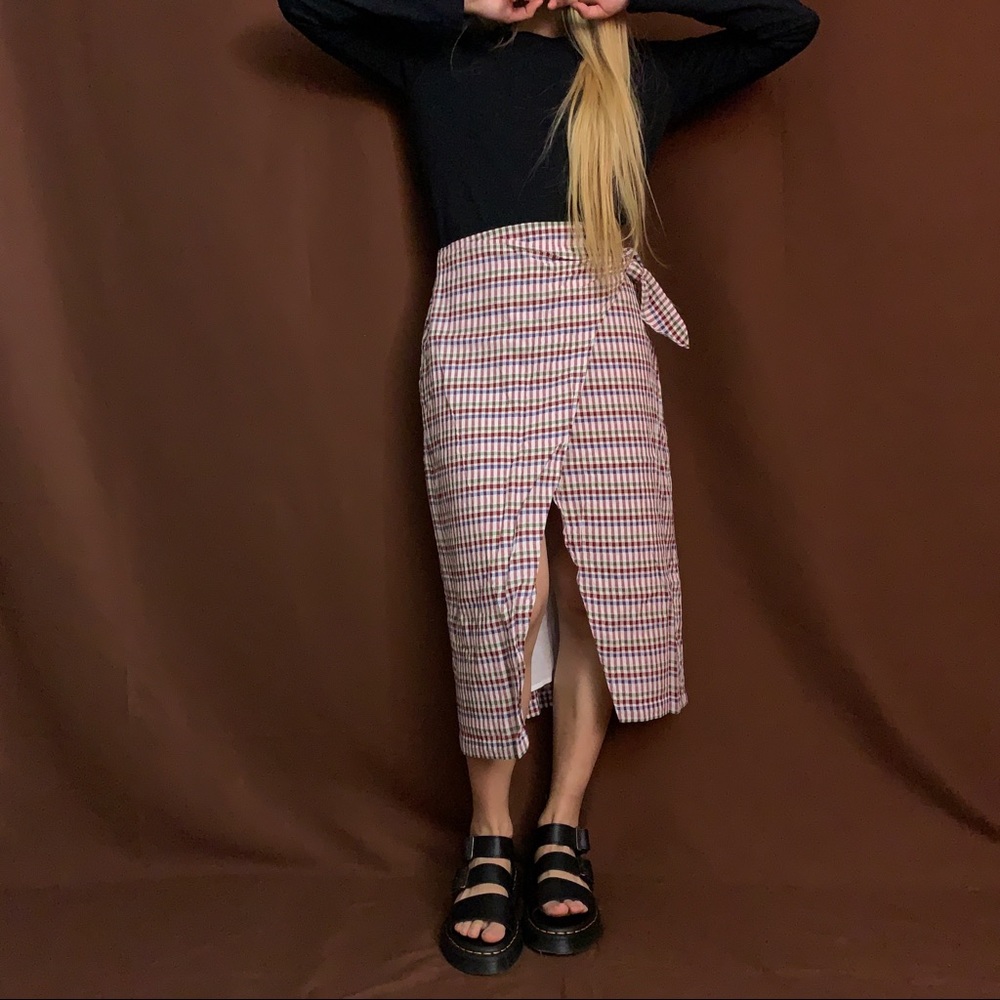 Madewell plaid tie waist front split midi skirt